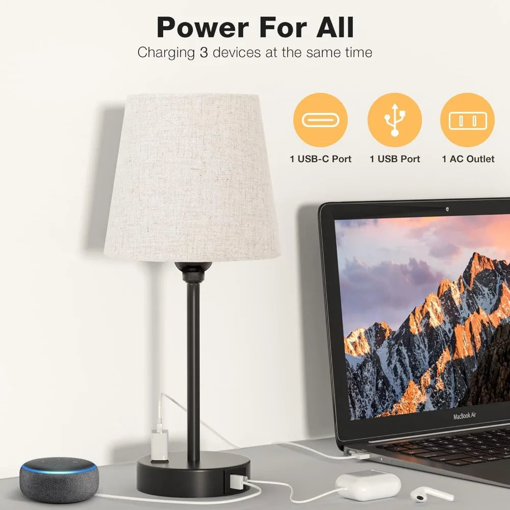 Bedside Table Lamps with USB C Port and AC Outlet Charging
