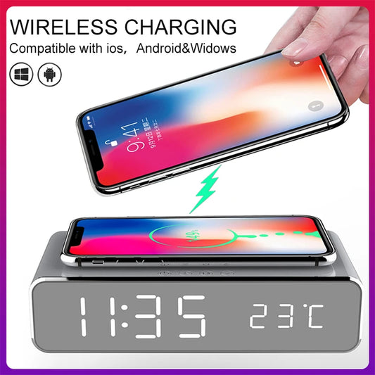 LED Alarm Clock Wireless Charger With Digital Thermometer