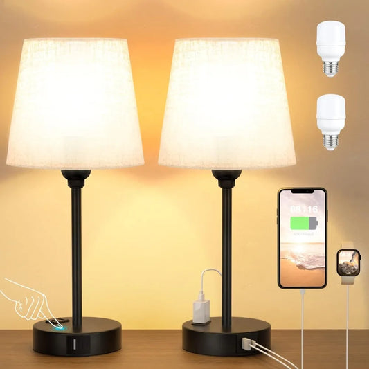 Bedside Table Lamps with USB C Port and AC Outlet Charging