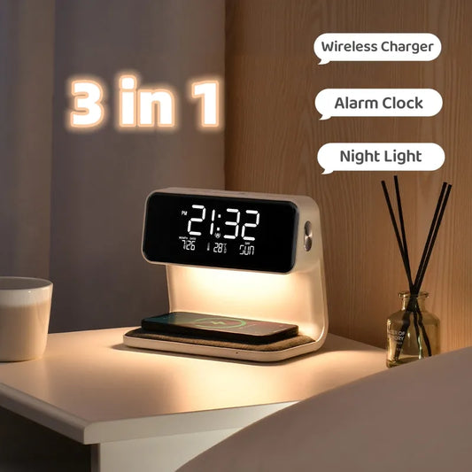 Creative 3 In 1 Alarm Clock, Lamp and Wireless Charging