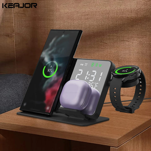 3 in 1 Wireless Charger For Samsung Galaxy Watch 6 5 Pro Fast Charging Station For Galaxy S24 S23 S22 Alarm Clock Chargers Stand